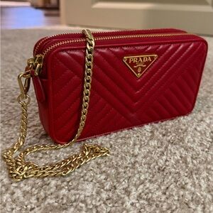 Prada Red Quilted Crossbody Bag with Gold Chain
